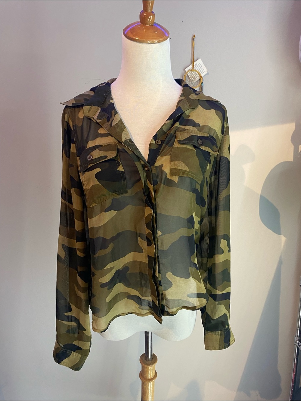Streetwear Society Olive Camo Sheer Button-Down Shirt